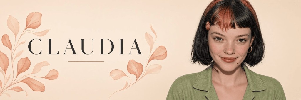 Claudia wordmark banner with terracotta florals and portrait